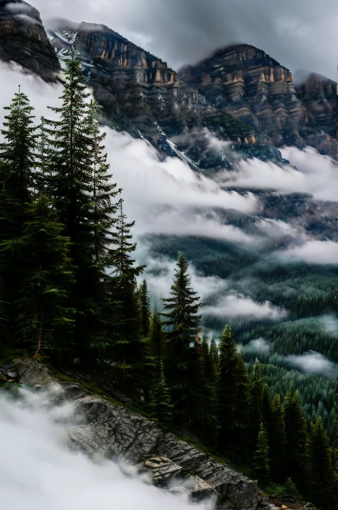 conifer forest misty cloudscapes road mountain clifs