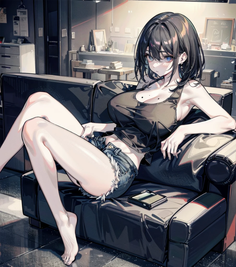 (full body), ((big tits)), RAW photo, extremely delicate and beautiful, masterpiece, Best Quality, ultra high resolution, 32k, hyperrealistic, ultra-detailed, detailed description, pale skin, in her 20s, medium hair, black hair, tearful mole, earring, t-shirt, tank top, Hot Pants,