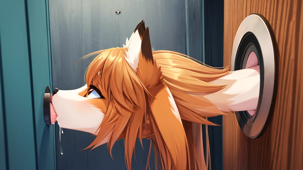 anthro fox girl, using gloryhole in a stall, side angle, sucking cock 