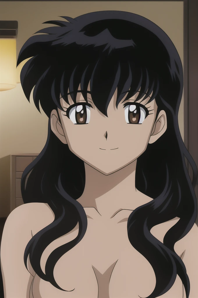 kagome, 1girl, solo, long_hair, looking_at_viewer, smile, short_hair, bangs, shirt, black_hair, hair_between_eyes, brown_eyes, closed_mouth,light_smile, portrait, style_parody, official_style, (completely nude:1.2),