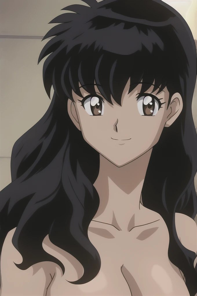 kagome, 1girl, solo, long_hair, looking_at_viewer, smile, short_hair, bangs, shirt, black_hair, hair_between_eyes, brown_eyes, closed_mouth,light_smile, portrait, style_parody, official_style, (completely nude:1.2),