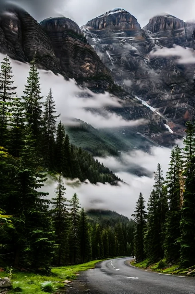 conifer forest misty cloudscapes road mountain clifs car