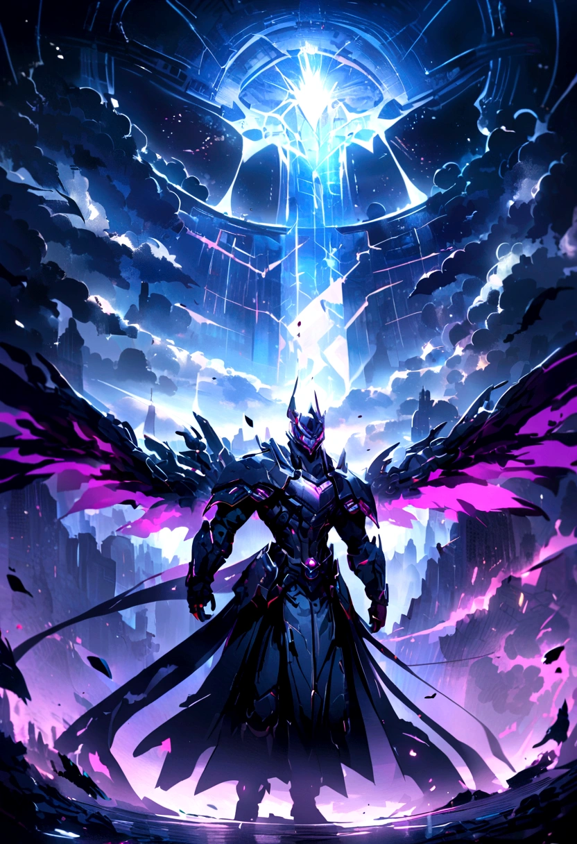 Cyberpunk world,There are flying machines in the sky,The light and shadow are intense,The lighting is cool,handpainted,dream magical