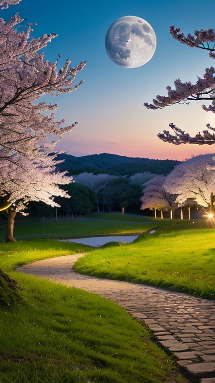 full moon、Fantastic World、The grassland is wide、Cherry blossoms are scattered、night