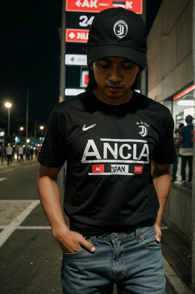 seorang pria Indonesia sedang menghadap kebelakang memegang Kamera, Memakai topi snapback Juventus, jam tangan, celana jeans ketat, converse putih, dan Jersey hitam Juventus bernama "WANDRA" dan no punggung "24" di belakang jersey. Berdiri di depan Allianz Stadium. malam hari. photography, full hd cinematic