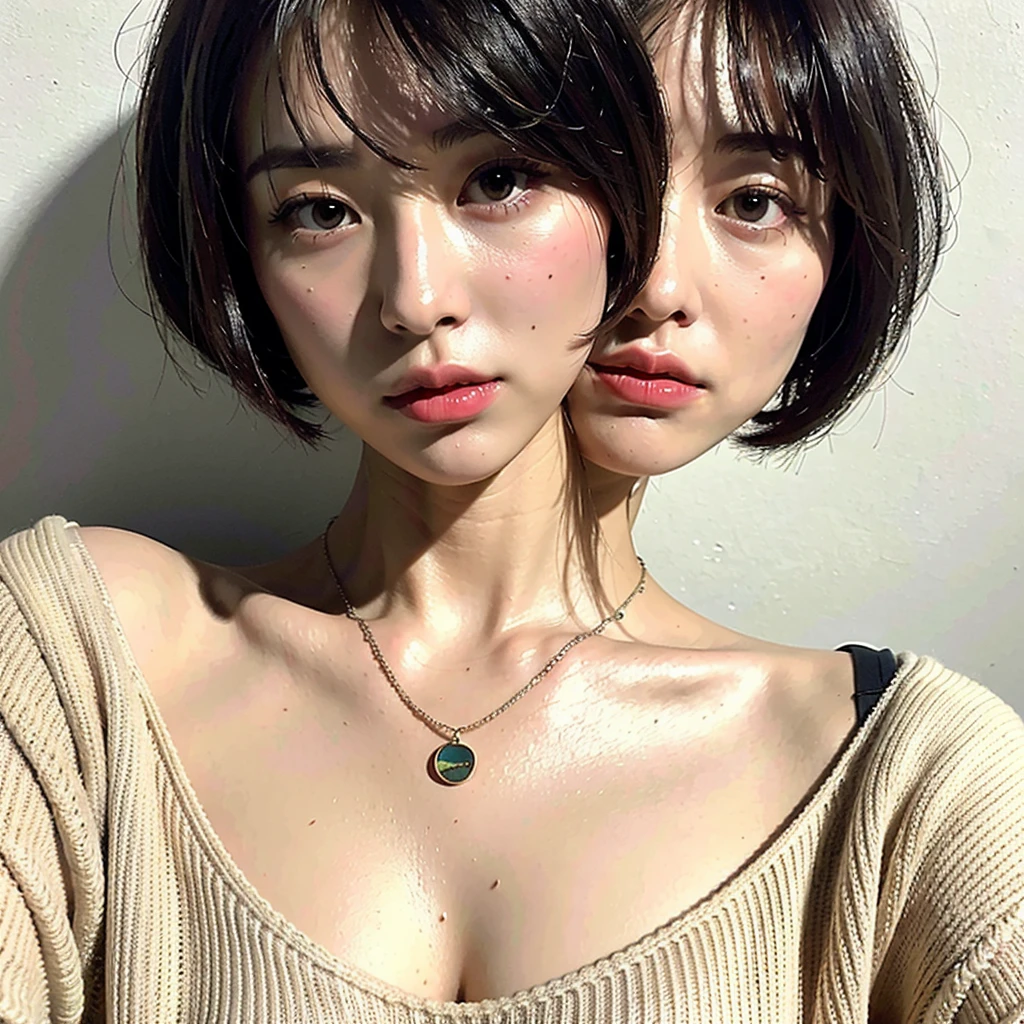 (Best quality, 8k, 32k, Masterpiece, UHD:1.2),Photo of Pretty Japanese woman, large breasts, very short bob hair,upper body,face focus,oversized_sweater, necklace, simple background, from above, looking at viewer,