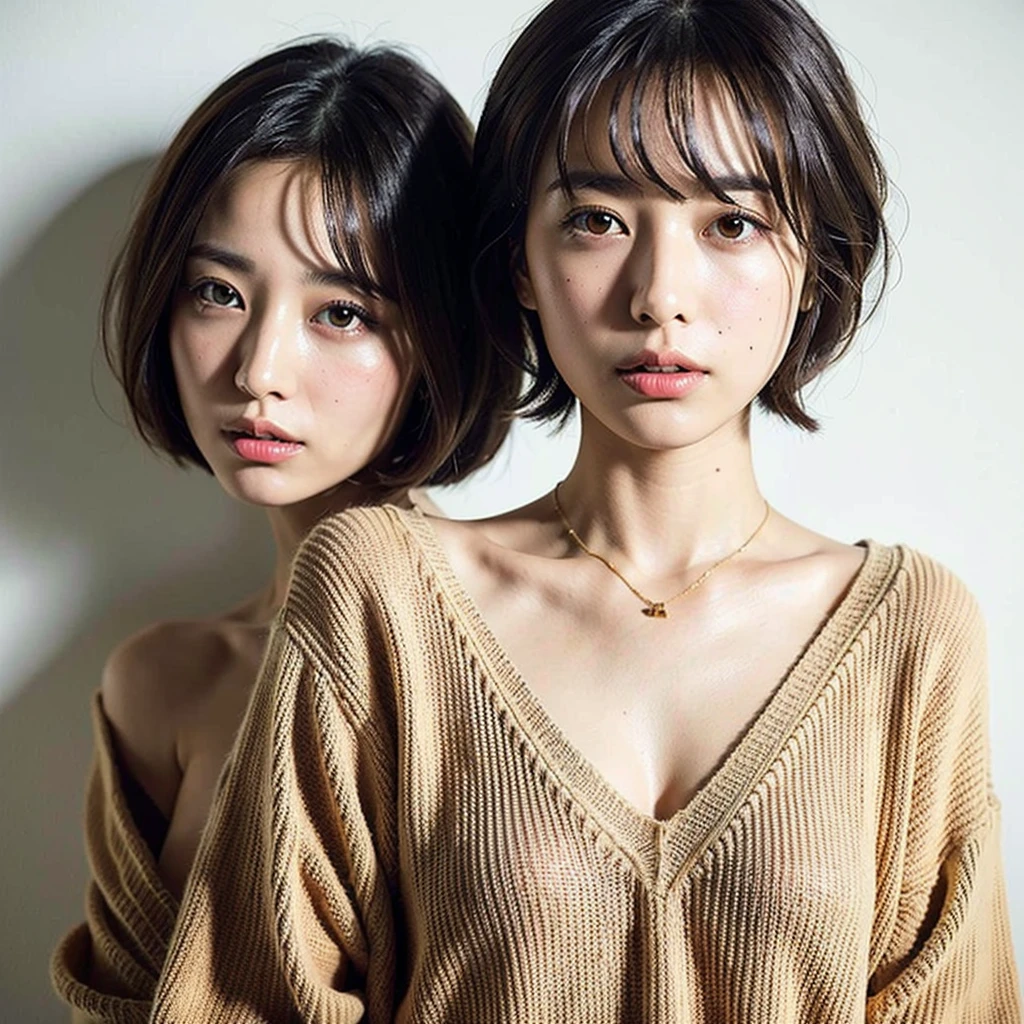 (Best quality, 8k, 32k, Masterpiece, UHD:1.2),Photo of Pretty Japanese woman, large breasts, very short bob hair,upper body,face focus,oversized_sweater, necklace, simple background, from above, looking at viewer,