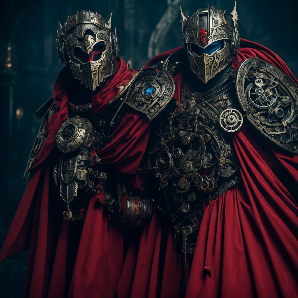 A sad man, machine, mechanized, red cloak with white edges, somke mask, blue eyes, mechanical arms, 