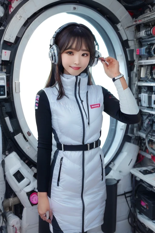 masterpiece, Highest quality, Very detailed, 8K Portrait,Japanese Android Girl,plump , Control panel,Robotic arms and legs, Blunt bangs,,break (Metallic Gray, Metallic luster, Mirror finish, Astro Best):5,headphone:5,break (Black sleeves):100,Smart Watches,Futuristic space station,Control Room,break headphone,blue eyes,(Black Hair):2,(Long Hair):1.3,Displaying the viewer,(respirator),break blush:3,Hidden Hand,smile