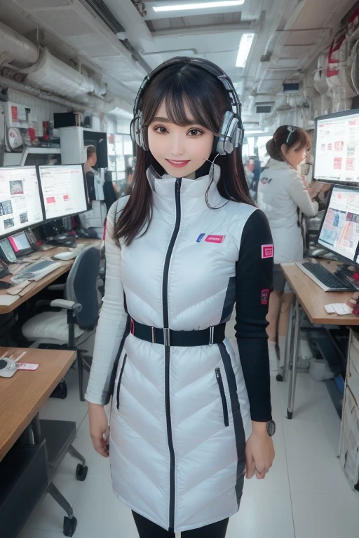 masterpiece, Highest quality, Very detailed, 8K Portrait,Japanese Android Girl,plump , Control panel,Robotic arms and legs, Blunt bangs,,break (Metallic Gray, Metallic luster, Mirror finish, Astro Best):5,headphone:5,break (Black sleeves):100,Smart Watches,Futuristic space station,Control Room,break headphone,blue eyes,(Black Hair):2,(Long Hair):1.3,Displaying the viewer,(respirator),break blush:3,Hidden Hand,smile