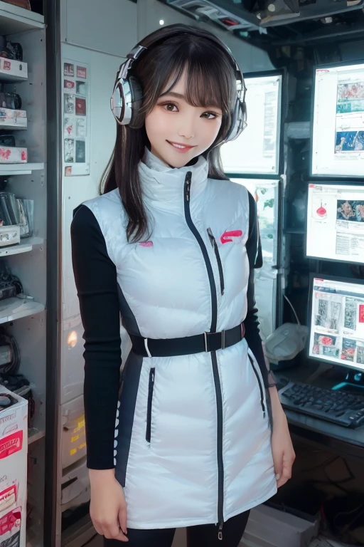 masterpiece, Highest quality, Very detailed, 8K Portrait,Japanese Android Girl,plump , Control panel,Robotic arms and legs, Blunt bangs,,break (Metallic Gray, Metallic luster, Mirror finish, Astro Best):5,headphone:5,break (Black sleeves):100,Smart Watches,Futuristic space station,Control Room,break headphone,blue eyes,(Black Hair):2,(Long Hair):1.3,Displaying the viewer,(respirator),break blush:3,Hidden Hand,smile