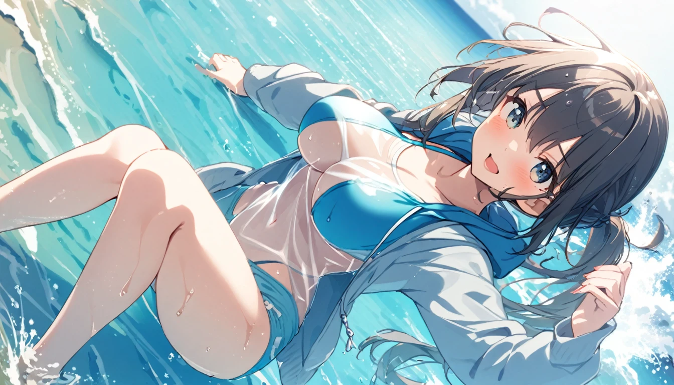 1girl, swimsuit,, hoodie sea, clear water, transparent, breasts, bright