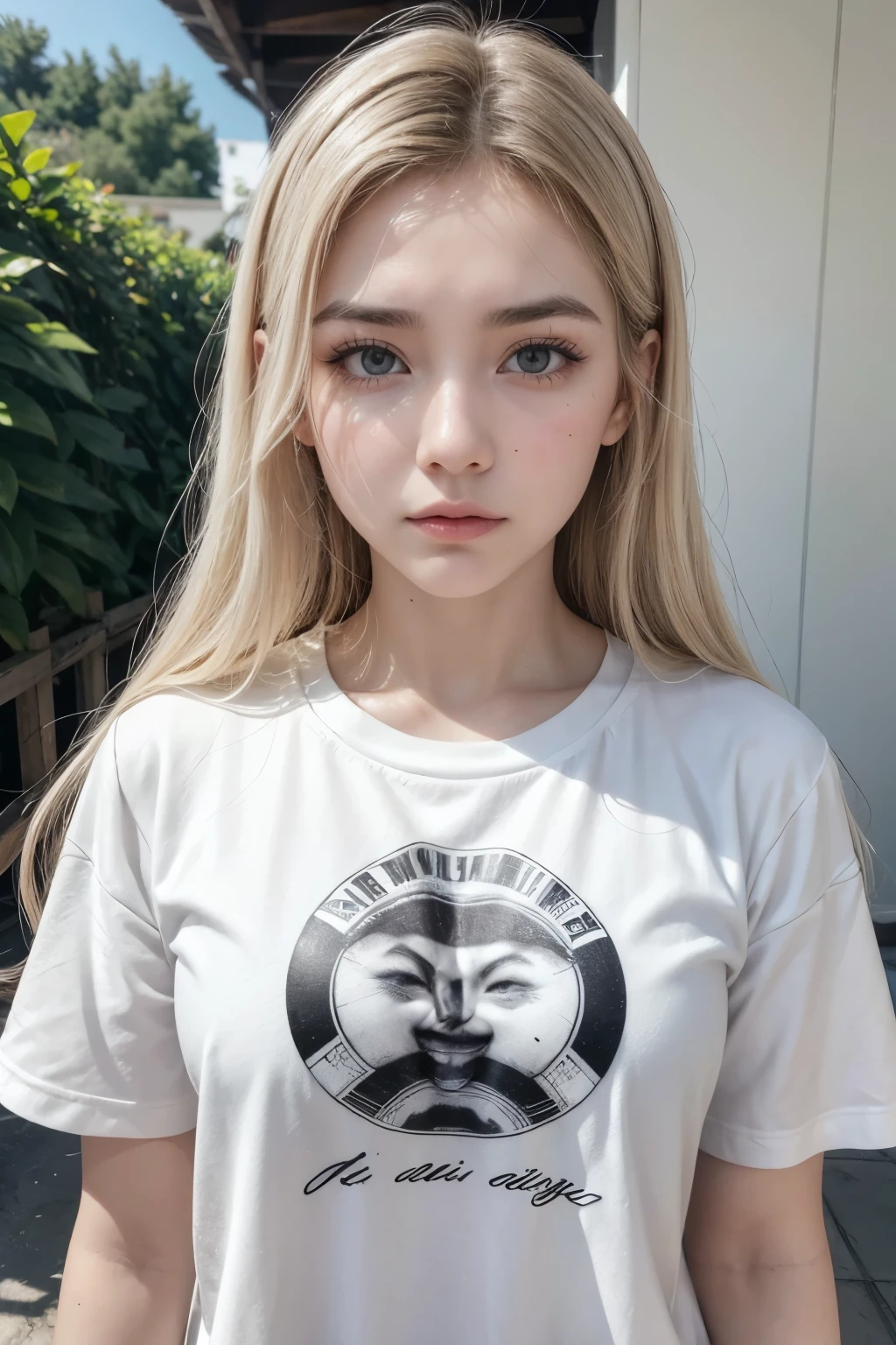 Obra maestra, mejor calidad, ((fondo blanco puro)), De pie, chica albina delgada, pelo blanca, white eyelashes, cejas blancas, cold face, piel blanca, Camiseta negra, Sad facial expression, Efecto de luz, suave, super clear, high definition image, (frente)