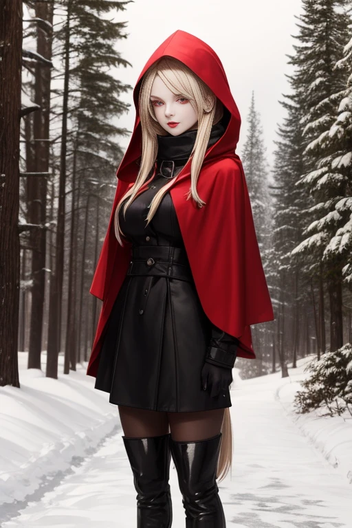 a young woman in a red hooded cloak standing in the snow, with long blonde hair and a determined expression. Her eyes are painted with black eyeliner and her lips are painted with a red lipstick. She is wearing a red hooded cloak and has a red scarf around her neck. The background is a snowy forest with trees in the distance. The overall mood of the image is eerie and mysterious.