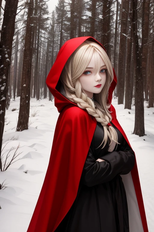 a young woman in a red hooded cloak standing in the snow, with long blonde hair and a determined expression. Her eyes are painted with black eyeliner and her lips are painted with a red lipstick. She is wearing a red hooded cloak and has a red scarf around her neck. The background is a snowy forest with trees in the distance. The overall mood of the image is eerie and mysterious. 