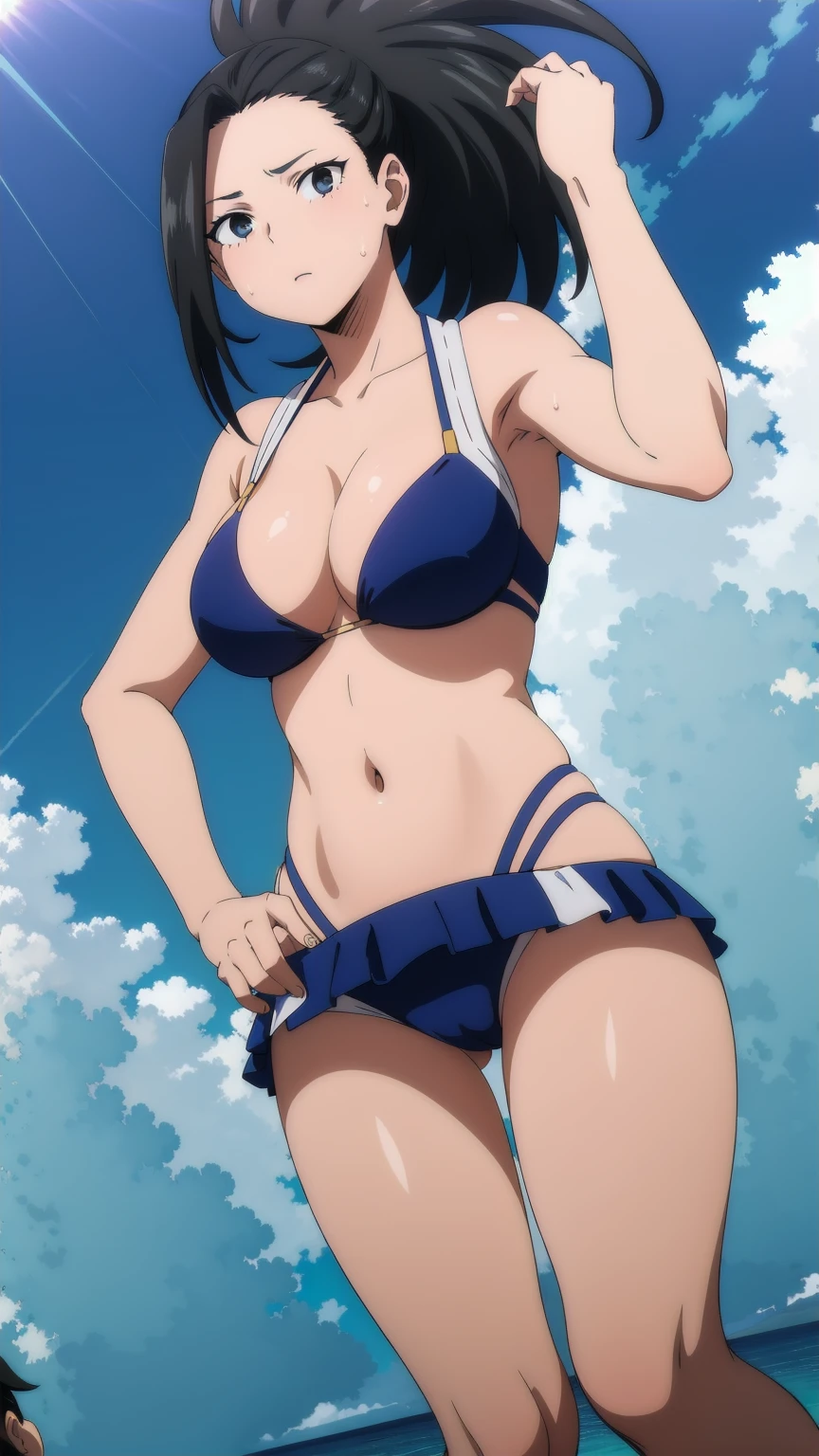 Highest quality, High resolution, One Girl, yaoyorozu momo, Black Hair, ponytail, Pulling the hair back, Iris,
A sexy look for the camera, looking at the viewer, blue theme, blue background, cloudy sky, sunlight, sweat, orgasmic, bikini swimsuit, large breasts, cleavage, belly button exposed, collarbone, thighs, sea and beach,