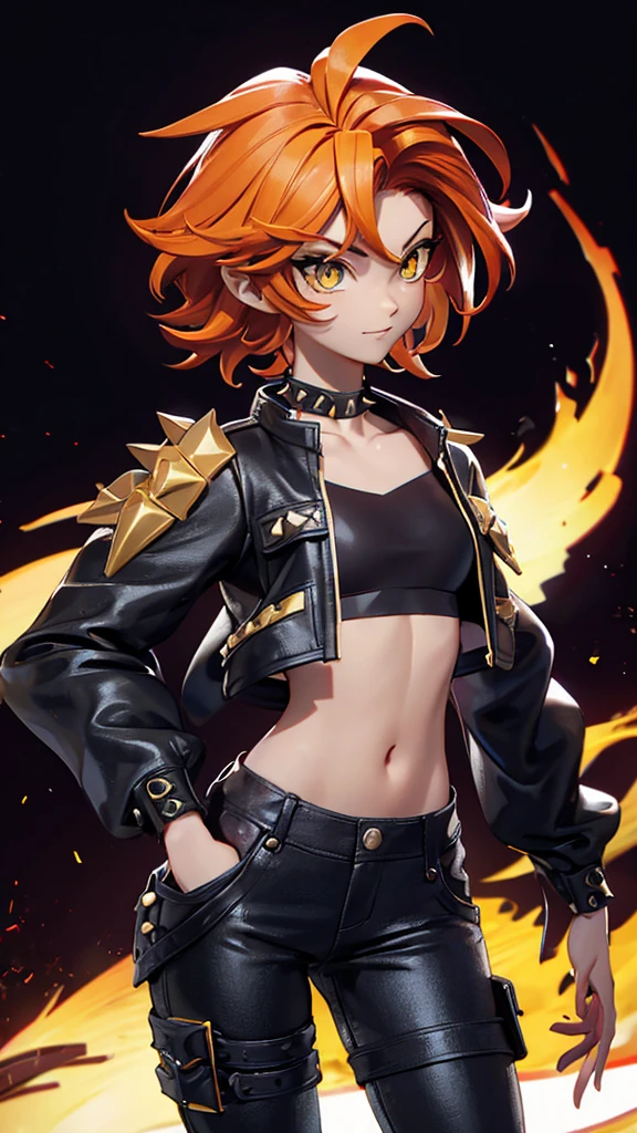 solo, 1girl, (masterpiece), ((16 year old appearance)), fire hair, short hair, ahoje, spiky hair, small breasts, yellow eyes, ((detailed eyes)), (strong body), (simple black cropped), Black jacket with red details, Looking at the screen, orange lipstick, (blurry background), flame effec, visible stomach, oversized black cargo pants, navel, (collarbone)