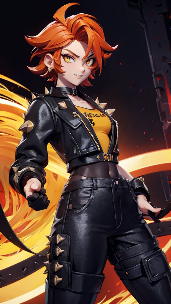 solo, 1girl, (masterpiece), ((16 year old appearance)), fire hair, short hair, ahoje, spiky hair, small breasts, yellow eyes, ((detailed eyes)), (strong body), (simple black cropped), Black jacket with red details, Looking at the screen, orange lipstick, (blurry background), flame effec, visible stomach, oversized black cargo pants, navel, (collarbone)