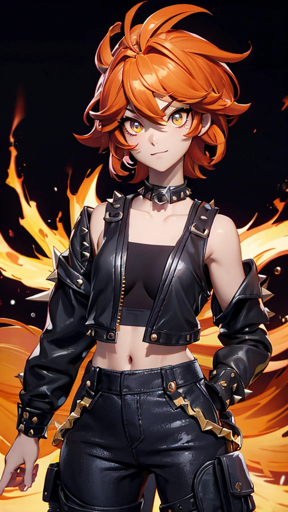 solo, 1girl, (masterpiece), ((16 year old appearance)), fire hair, short hair, ahoje, spiky hair, small breasts, yellow eyes, ((detailed eyes)), (strong body), (simple black cropped), Black jacket with red details, Looking at the screen, orange lipstick, (blurry background), flame effec, visible stomach, oversized black cargo pants, navel, (collarbone)