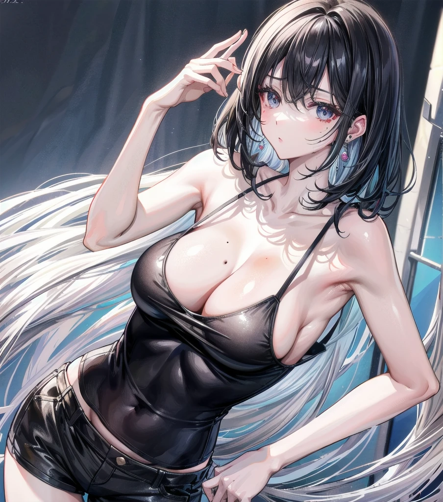 (full body), ((big tits)), RAW photo, extremely delicate and beautiful, masterpiece, Best Quality, ultra high resolution, 16k, hyperrealistic, realistic, photorealistic, photo-realistic, ultra-detailed, detailed description, pale skin, in her 20s, very Slim body, narrow waist, very small head, very small face, delicate facial features, medium hair, black hair, tearful mole, earring, t-shirt, tank top, Hot Pants,