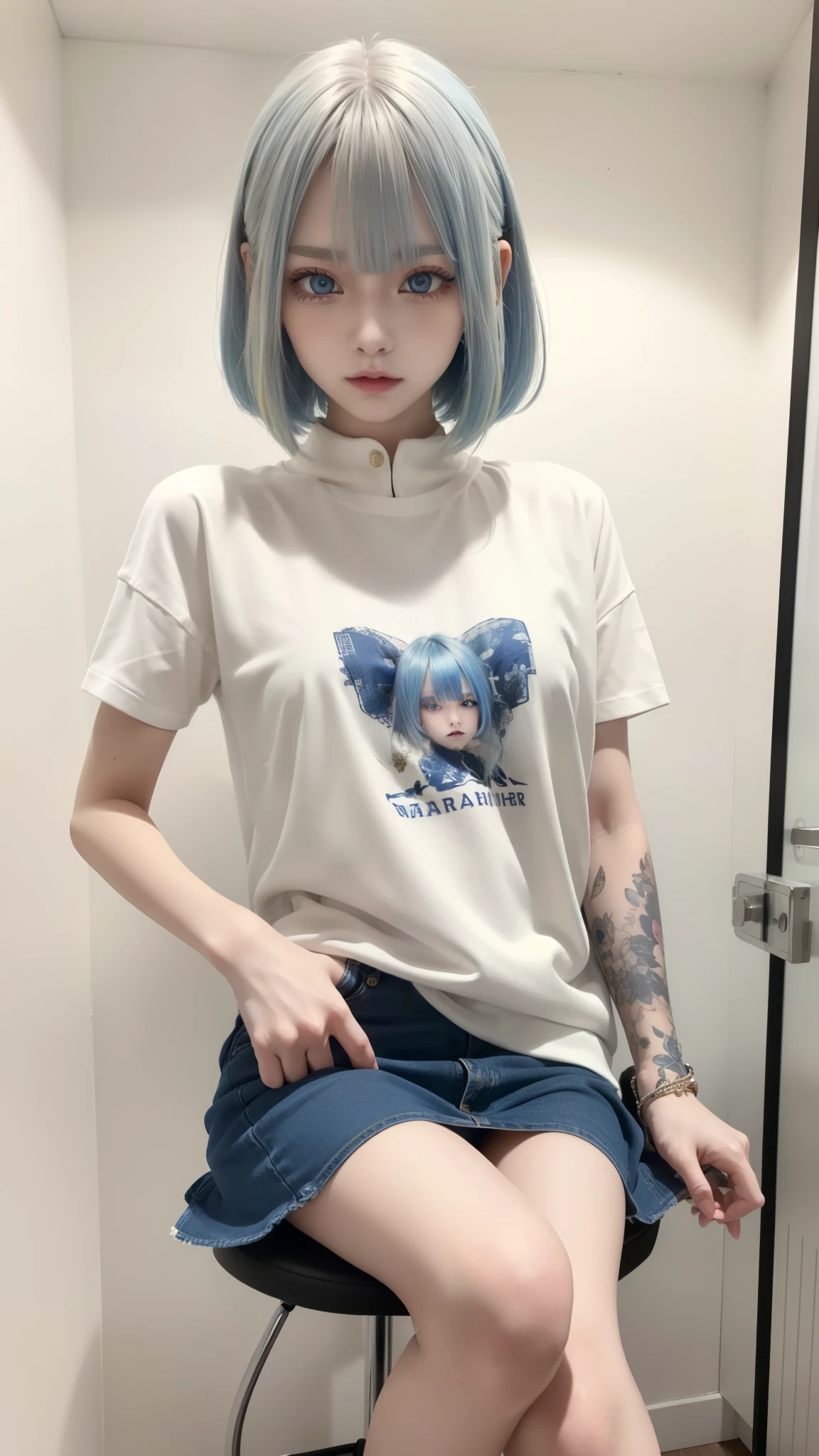 masterpiece, best quality, highly detailed,1girl,indoors, adult, split-color hair, yellow and Blue hair, Narrow, sharp eyes、, clothes, blue eyes、From head to toe、mini skirt、