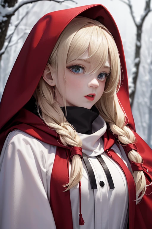 a young woman in a red hooded cloak standing in the snow, with long blonde hair and a determined expression. Her eyes are painted with black eyeliner and her lips are painted with a red lipstick. She is wearing a red hooded cloak and has a red scarf around her neck. The background is a snowy forest with trees in the distance. The overall mood of the image is eerie and mysterious. 