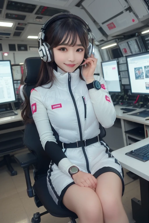 masterpiece, Highest quality, Very detailed, 8K Portrait,Japanese Android Girl,plump , Control panel,Robotic arms and legs, Blunt bangs,,break (Metallic Gray, Metallic luster, Mirror finish, Astro Best):5,headphone:5,break (Black sleeves):100,Smart Watches,Futuristic space station,Control Room,break headphone,blue eyes,(Black Hair):2,(Long Hair):1.3,Displaying the viewer,(respirator),break blush:3,Hidden Hand,smile