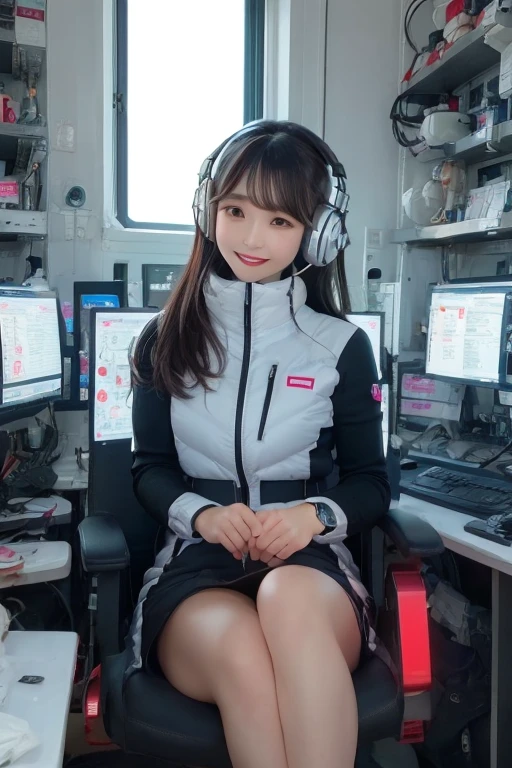 masterpiece, Highest quality, Very detailed, 8K Portrait,Japanese Android Girl,plump , Control panel,Robotic arms and legs, Blunt bangs,,break (Metallic Gray, Metallic luster, Mirror finish, Astro Best):5,headphone:5,break (Black sleeves):100,Smart Watches,Futuristic space station,Control Room,break headphone,blue eyes,(Black Hair):2,(Long Hair):1.3,Displaying the viewer,(respirator),break blush:3,Hidden Hand,smile