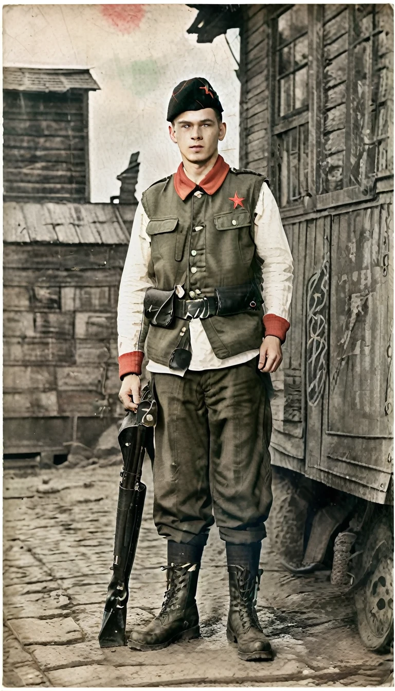 (best quality:1.3), (Best Performance:1.2), (best illustrations:1.2), (art film light:1.2)  (1 person), (Highly detailed), (มีHighly detailed), (very detailed), (realistic), (extra sharp), (8k), (1 person)  Year 1939, Young man aged 17-18 years, Wear a , dark green jacket overlay, red turtleneck shirt, The jacket has a red four-pointed star on the lapel., Wear a black vest throughout the outfit., Wearing light green M35 Harovari pants., military boots, Wear an M81 cap.(clamp cap) There is a red star attached to it., Eastern Slavs(Soviet Union), Soviet Union, World War 2