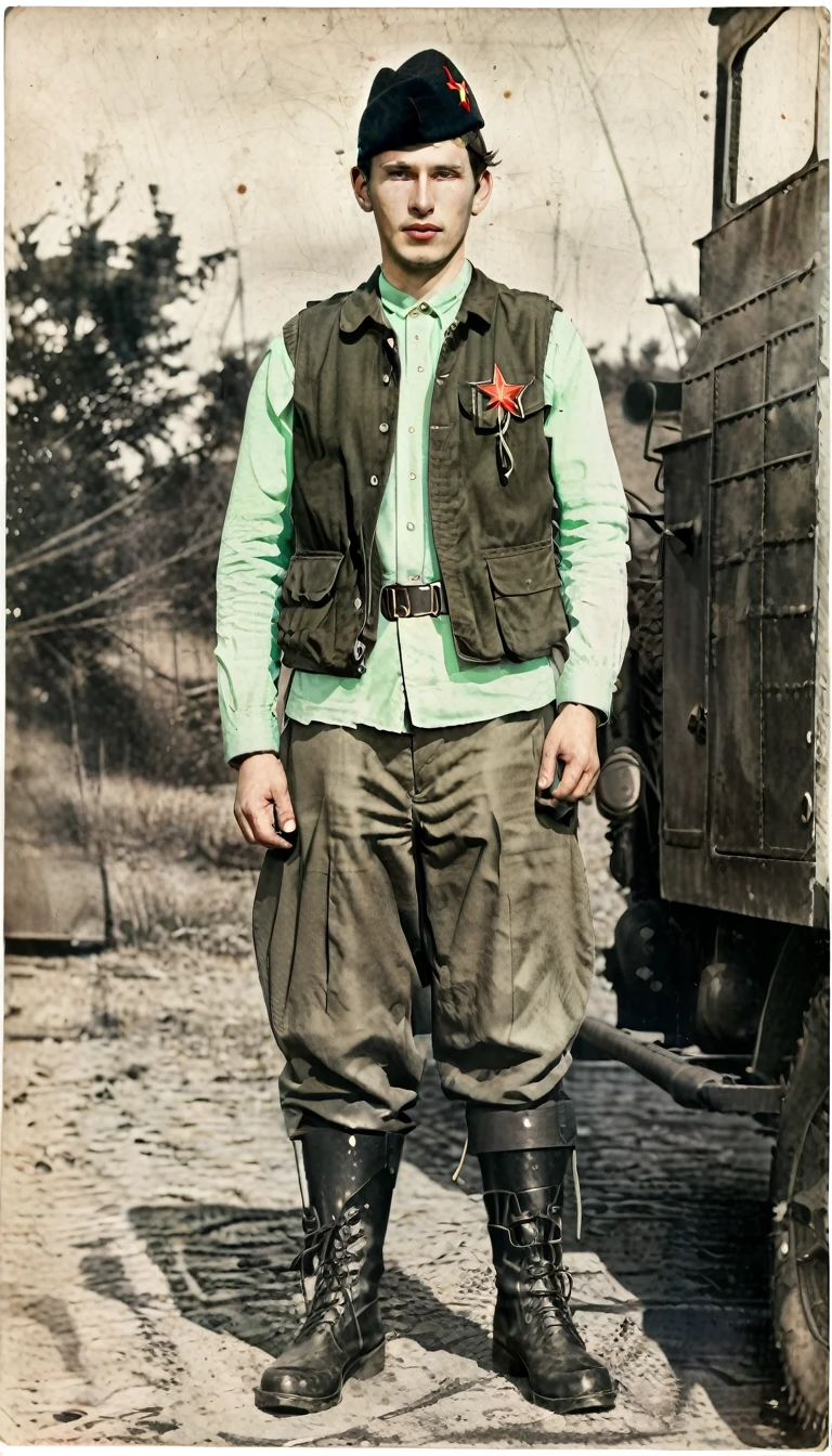 (best quality:1.3), (Best Performance:1.2), (best illustrations:1.2), (art film light:1.2) (1 person), (Highly detailed), (มีHighly detailed), (very detailed), (realistic), (extra sharp), (8k), (1 person) Year 1939, Young man aged 17-18 years, Wear a , dark green jacket overlay, red turtleneck shirt, The jacket has a red four-pointed star on the lapel., Wear a black vest throughout the outfit., Wearing light green M35 Harovari pants., military boots, Wear an M81 cap.(clamp cap) There is a red star attached to it., Eastern Slavs(Soviet Union), Soviet Union, World War 2