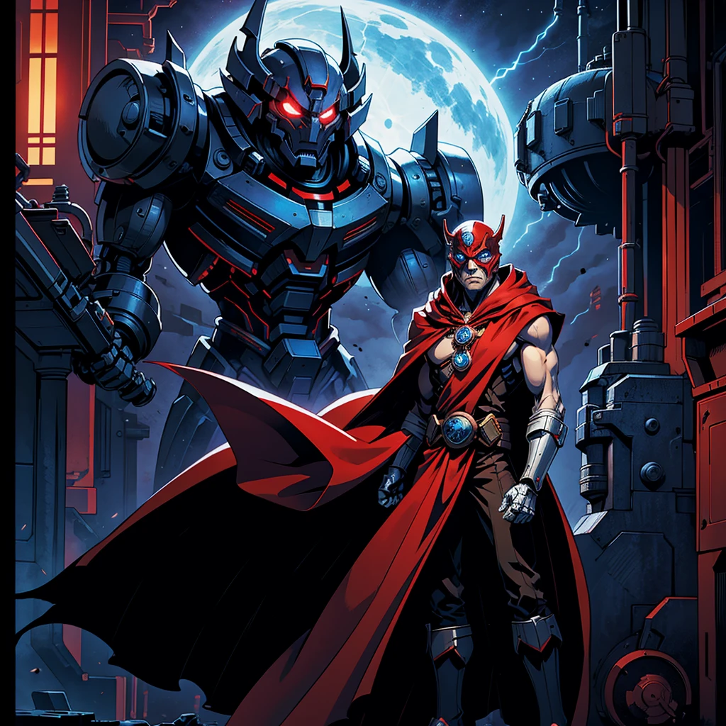 A sad man, machine, mechanized, red cloak with white edges, somke mask, blue eyes, mechanical arms,  thin arms, 