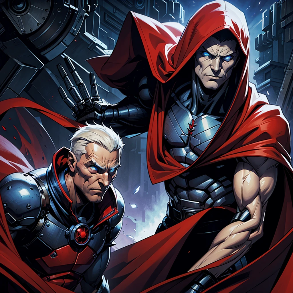 A sad man, machine, mechanized, red cloak with white edges, somke mask, blue eyes, mechanical arms,  thin arms, 