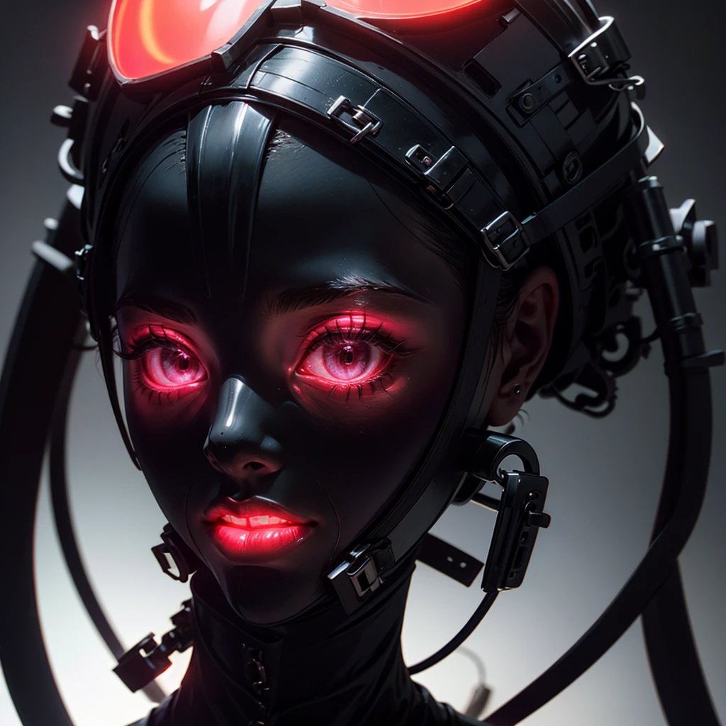a very beautiful and very thin girl, wears black underwear with tights and latex face mask. Dark room with only red neon lighting. viele Details, extremely realistic. good quality, 8k