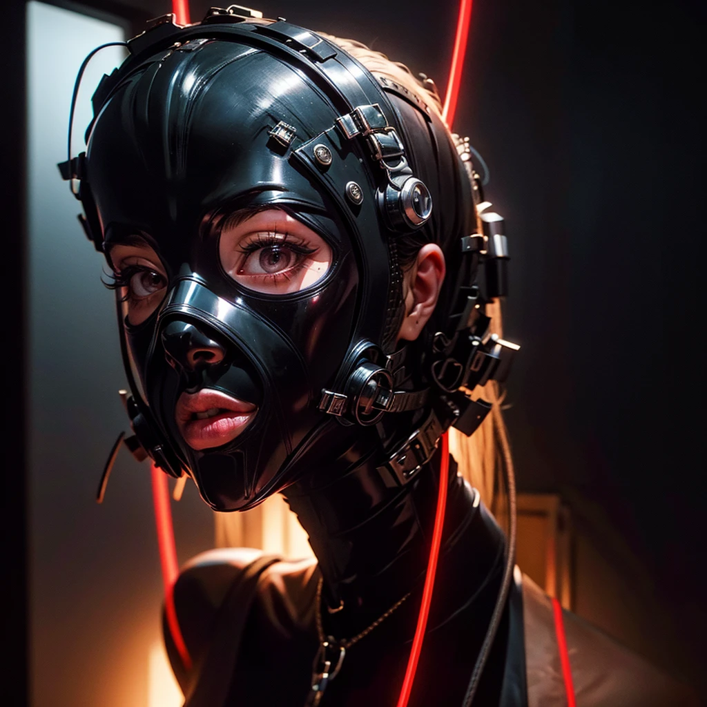 a very beautiful and very thin girl, wears black underwear with tights and latex face mask. Dark room with only red neon lighting. viele Details, extremely realistic. good quality, 8k