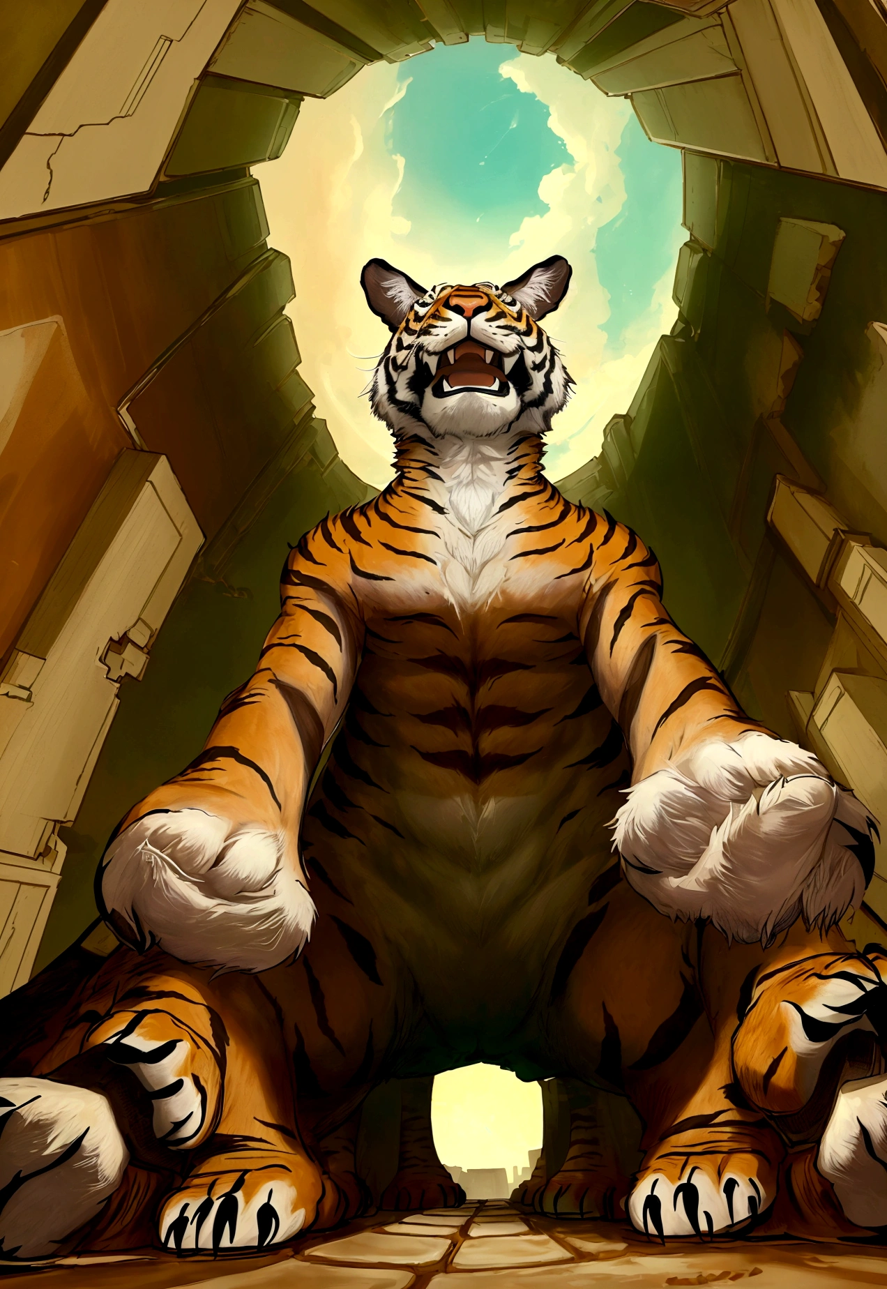 an image from the perspective of a tiger trapped in a pit, looking up. The viewpoint should be from the bottom of the pit, showing the tiger's gaze upward. Above the pit, there should be a man and a rabbit looking down at the tige