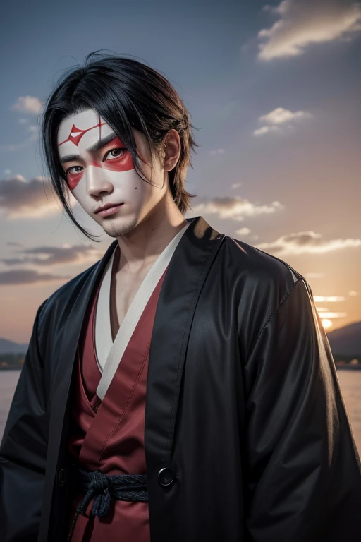 Japanese man with black hair, red eyes and a Japanese scenery background and a tengu mask on his face