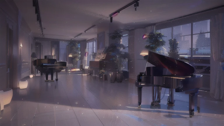 there is a piano in a room with a lot of windows, atmospheric render, rendered in V-ray 6, night time render, architectural visualization, Corona render, photorealistic render in octane, photorealistic cinematic render, dramatic lighting render, piano in the background, archviz, rendered in Hyperrealist render, 8k octane unreal render, evening ambience