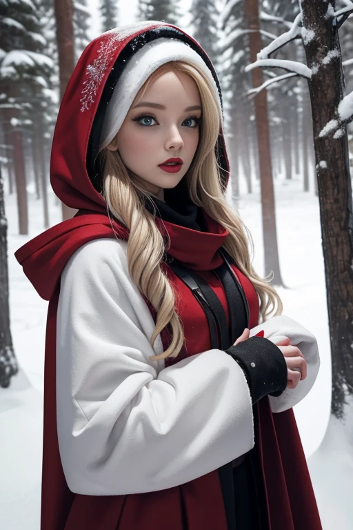 a young woman in a red hooded cloak standing in the snow, with long blonde hair and a determined expression. Her eyes are painted with black eyeliner and her lips are painted with a red lipstick. She is wearing a red hooded cloak and has a red scarf around her neck. The background is a snowy forest with trees in the distance. The overall mood of the image is eerie and mysterious.