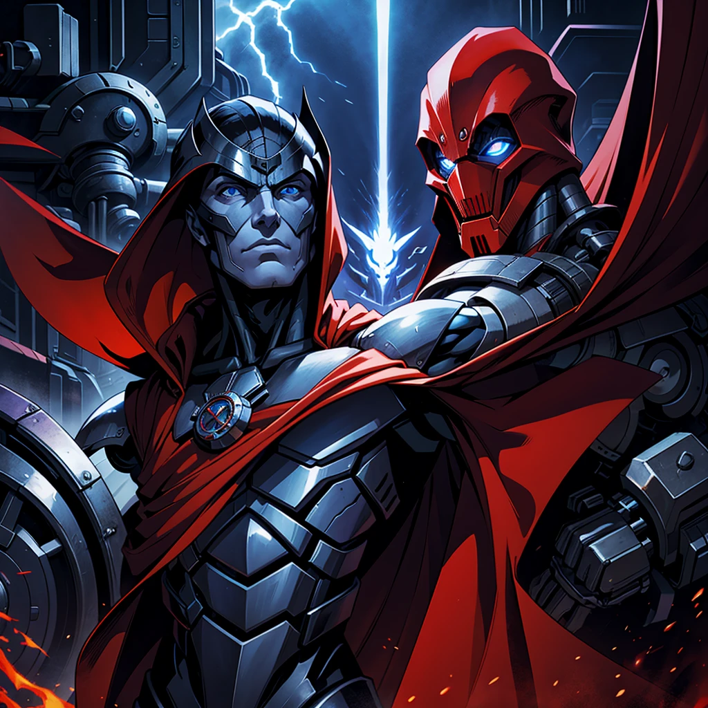 A sad man, machine, mechanized, red cloak with white edges, somke mask, blue eyes, mechanical arms, thin arms,