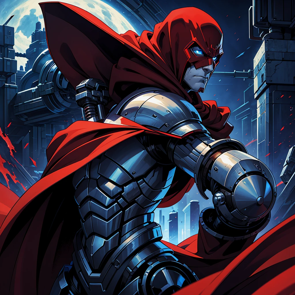 A sad man, machine, mechanized, red cloak with white edges, somke mask, blue eyes, mechanical arms, thin arms,