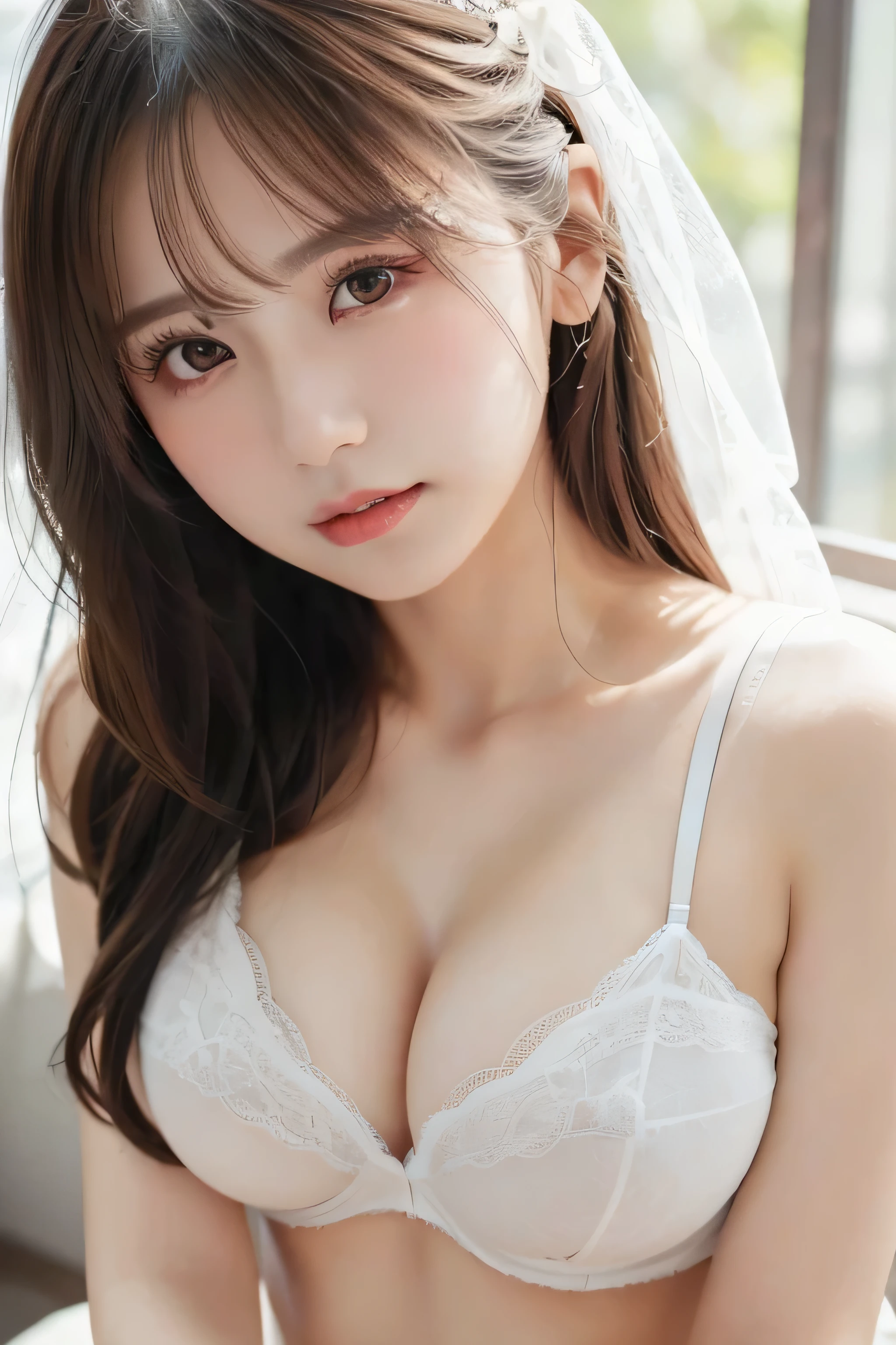 (Showing Large breasts:1.3)、Wearing makeup:1.3、Close-up of face:1.4、(((looking at the camera:1.4)))、{{masterpiece}}, {{highest quality}}, {{Very detailed}}, {{Large breasts}}, Cinematic Lighting,Beautiful and delicate shine, Dynamic Angle, Depth of written border, Light_leak, wonderful, Fine details, 4K, 8k,Japanese Idols, Dreamy look, {Sexy pose}, (Large Breasts:1.5), (Slim Body:1.5), (white Lingerie:1.5),