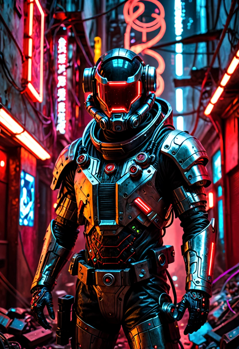 (extremely detailed 8k wallpaper), a medium shot photo of cyberpunk scary Grim dressed as a dirty astronaut in an armour made of red glowing wiresfrom marvel, cyberpunk theme, intricate, high detail, dramatic, old scary building in the background