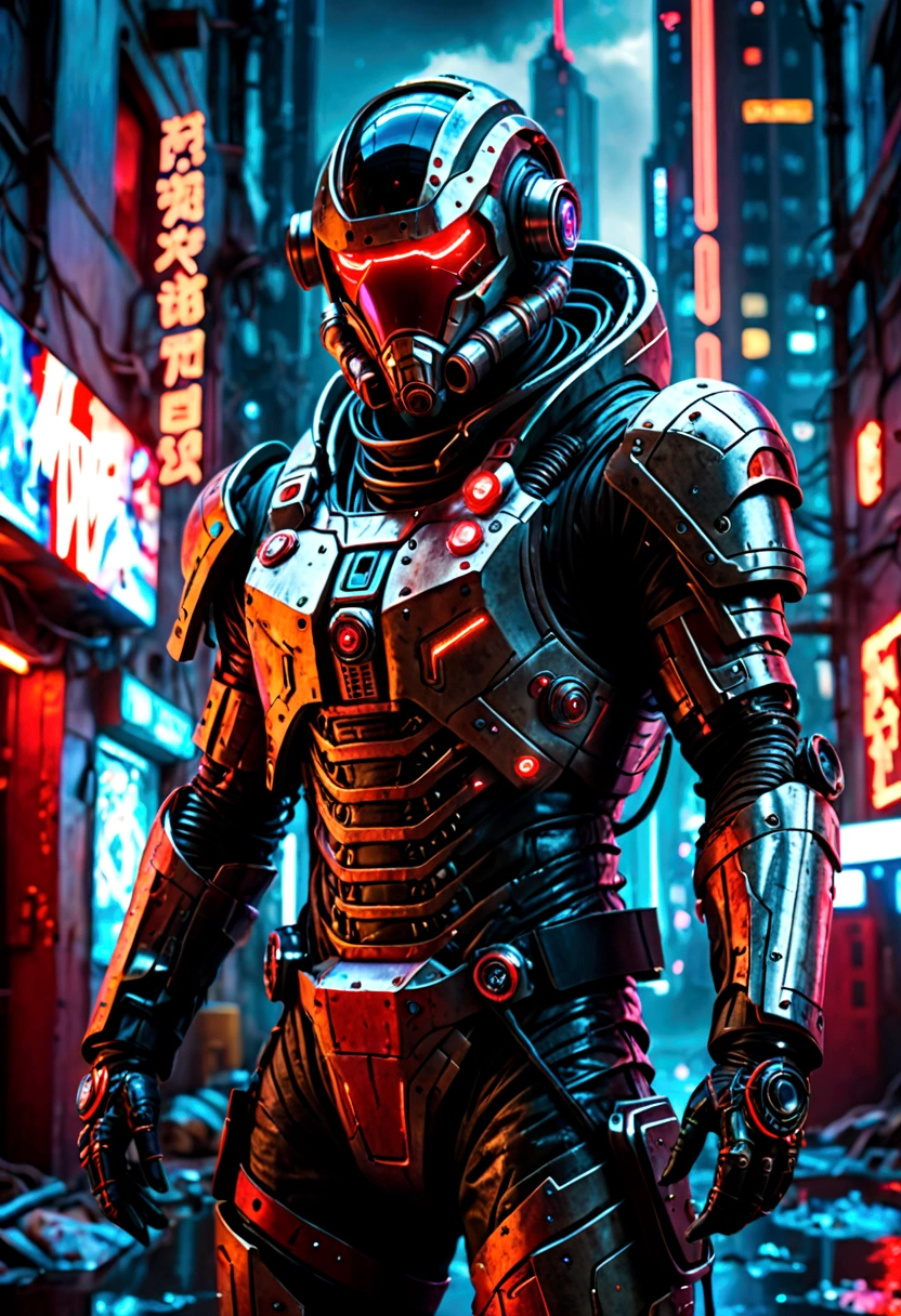  
(extremely detailed 8k wallpaper), a medium shot photo of cyberpunk scary Grim dressed as a dirty astronaut in an armour made of red glowing wiresfrom marvel, cyberpunk theme, intricate, high detail, dramatic, old scary building in the background