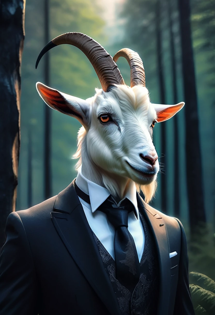 a goat in a black suit,gentleman goat,furry art,oc character,drawing style,looking at landscape,forest background,high quality,detailed,cinematic lighting,cold color tones, professional artwork, masterpiece