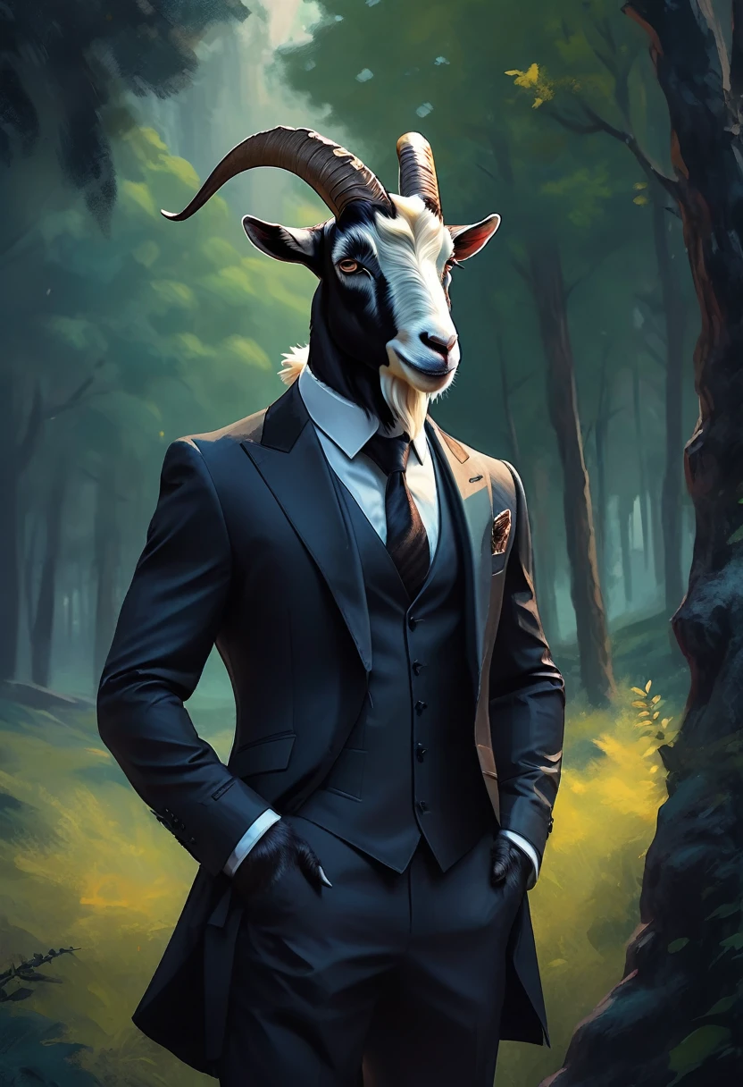 a goat in a black suit,gentleman goat,furry art,oc character,drawing style,looking at landscape,forest background,high quality,detailed,cinematic lighting,cold color tones, professional artwork, masterpiece