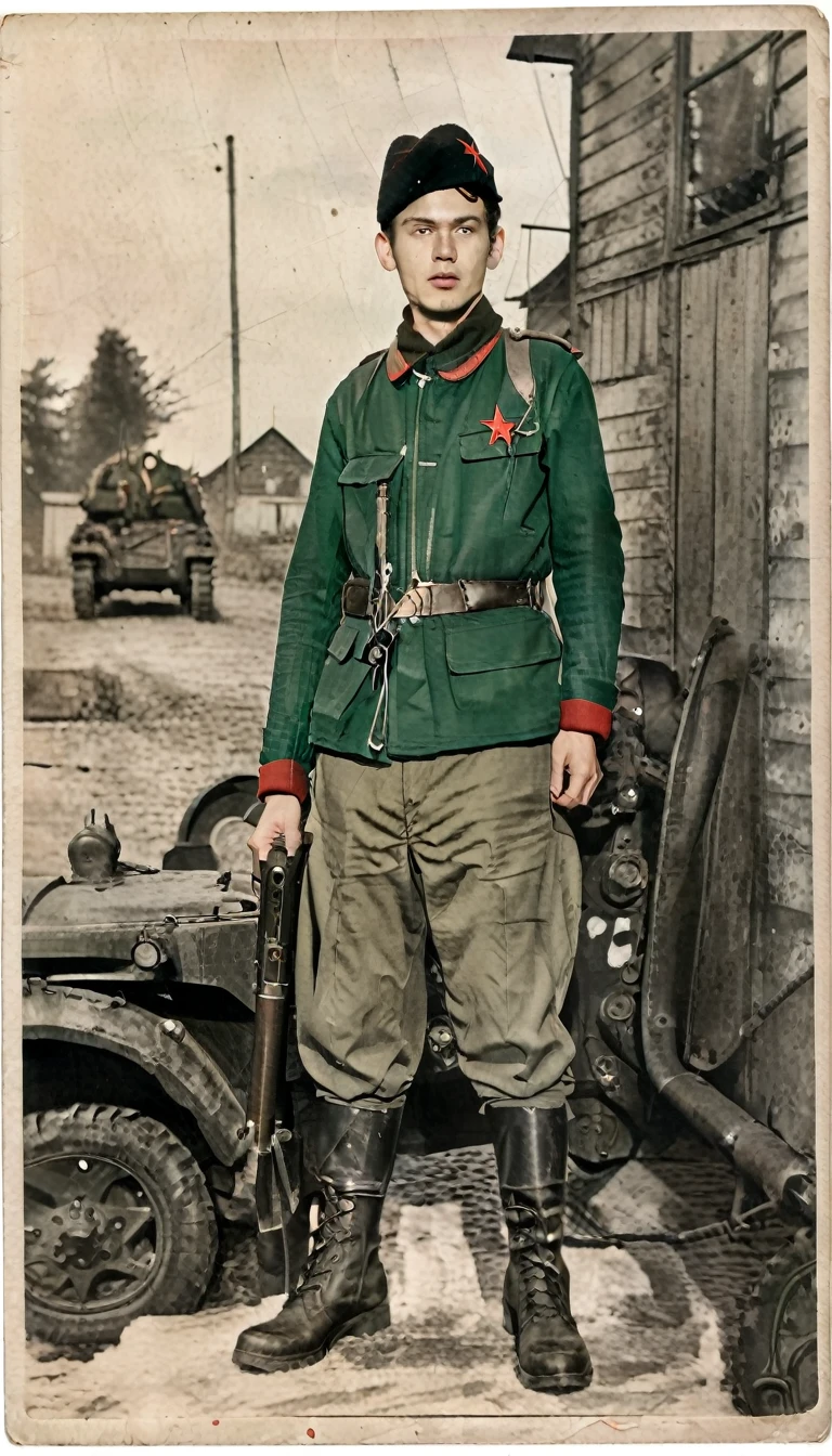 (best quality:1.3), (Best Performance:1.2), (best illustrations:1.2), (art film light:1.2)  (1 person), (Highly detailed), (มีHighly detailed), (very detailed), (realistic), (extra sharp), (8k), (1 person)  Year 1939, Young man aged 17-18 years, Wear a , dark green jacket overlay, red turtleneck shirt, The jacket has a red four-pointed star on the lapel., Wear a black vest throughout the outfit., Wearing light green M35 Harovari pants., military boots, Wear an M81 cap.(clamp cap) There is a red star attached to it., Eastern Slavs(Soviet Union), Soviet Union, World War 2