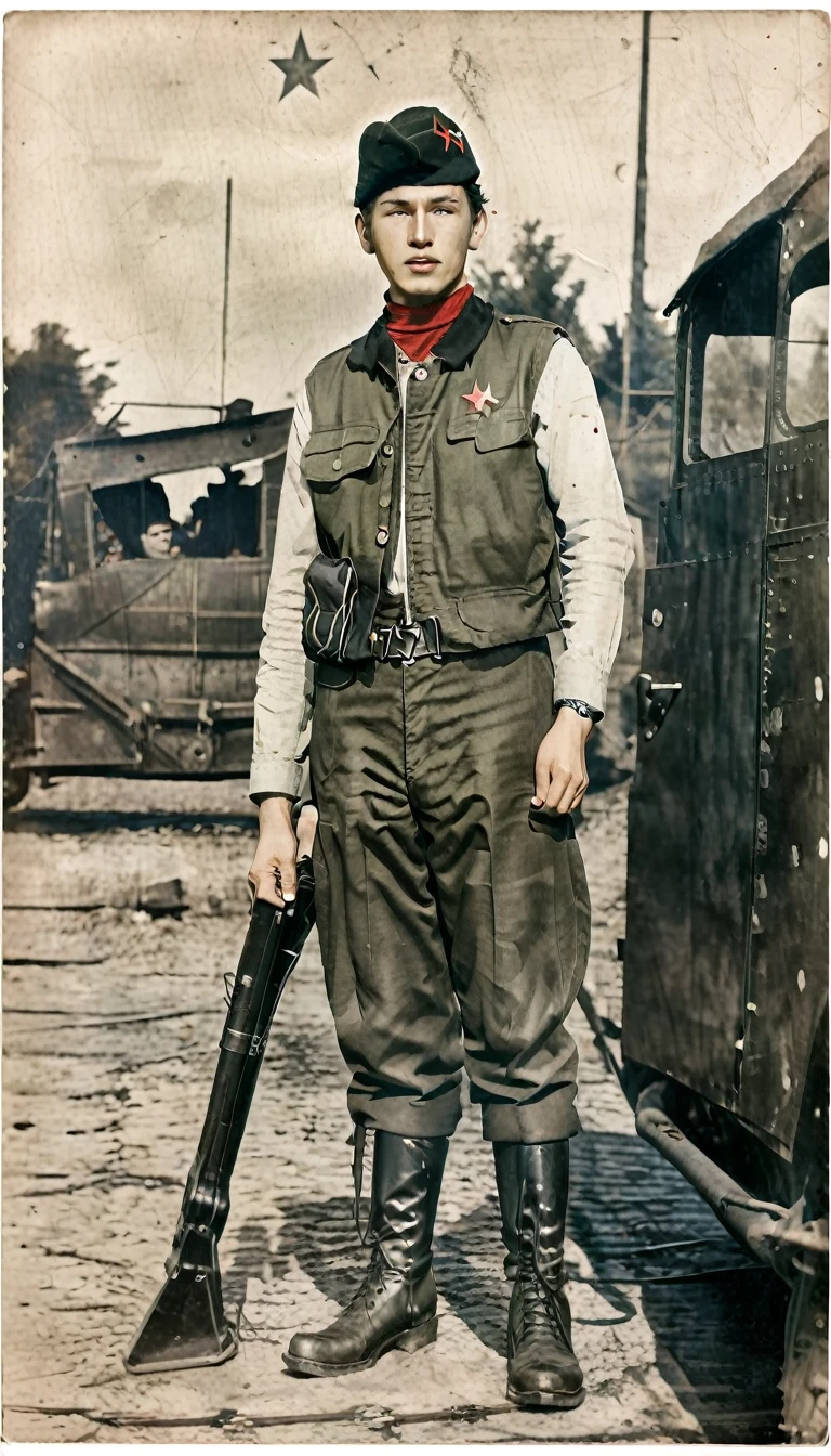 (best quality:1.3), (Best Performance:1.2), (best illustrations:1.2), (art film light:1.2)  (1 person), (Highly detailed), (มีHighly detailed), (very detailed), (realistic), (extra sharp), (8k), (1 person)  Year 1939, Young man aged 17-18 years, Wear a , dark green jacket overlay, red turtleneck shirt, The jacket has a red four-pointed star on the lapel., Wear a black vest throughout the outfit., Wearing light green M35 Harovari pants., military boots, Wear an M81 cap.(clamp cap) There is a red star attached to it., Eastern Slavs(Soviet Union), Soviet Union, World War 2
