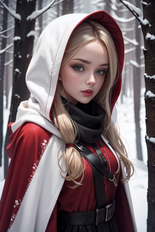 a young woman in a red hooded cloak standing in the snow, with long blonde hair and a determined expression. Her eyes are painted with black eyeliner and her lips are painted with a red lipstick. She is wearing a red hooded cloak and has a red scarf around her neck. The background is a snowy forest with trees in the distance. The overall mood of the image is eerie and mysterious.