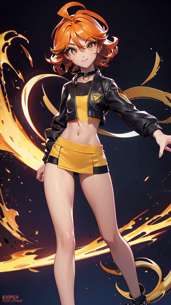 solo, 1girl, (masterpiece), ((16 year old appearance)), fire hair, short hair, ahoje, mohalk hair, small breasts, yellow eyes, ((detailed eyes)), (athletic body), (simple black cropped), Black jacket with red details, Looking at the screen, orange lipstick, (blurry background), flame effec, visible abs, small mini skirt, navel, (collarbone)