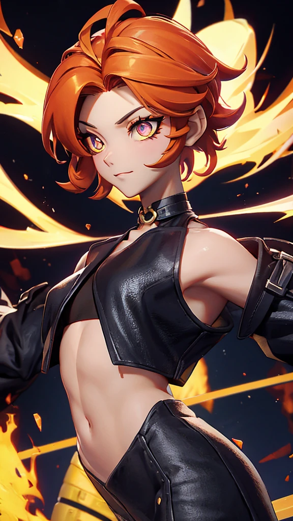 solo, 1girl, (masterpiece), ((16 year old appearance)), fire hair, short hair, ahoje, mohalk hair, small breasts, yellow eyes, ((detailed eyes)), (athletic body), (simple black cropped), Black jacket with red details, Looking at the screen, orange lipstick, (blurry background), flame effec, visible abs, small mini skirt, navel, (collarbone)